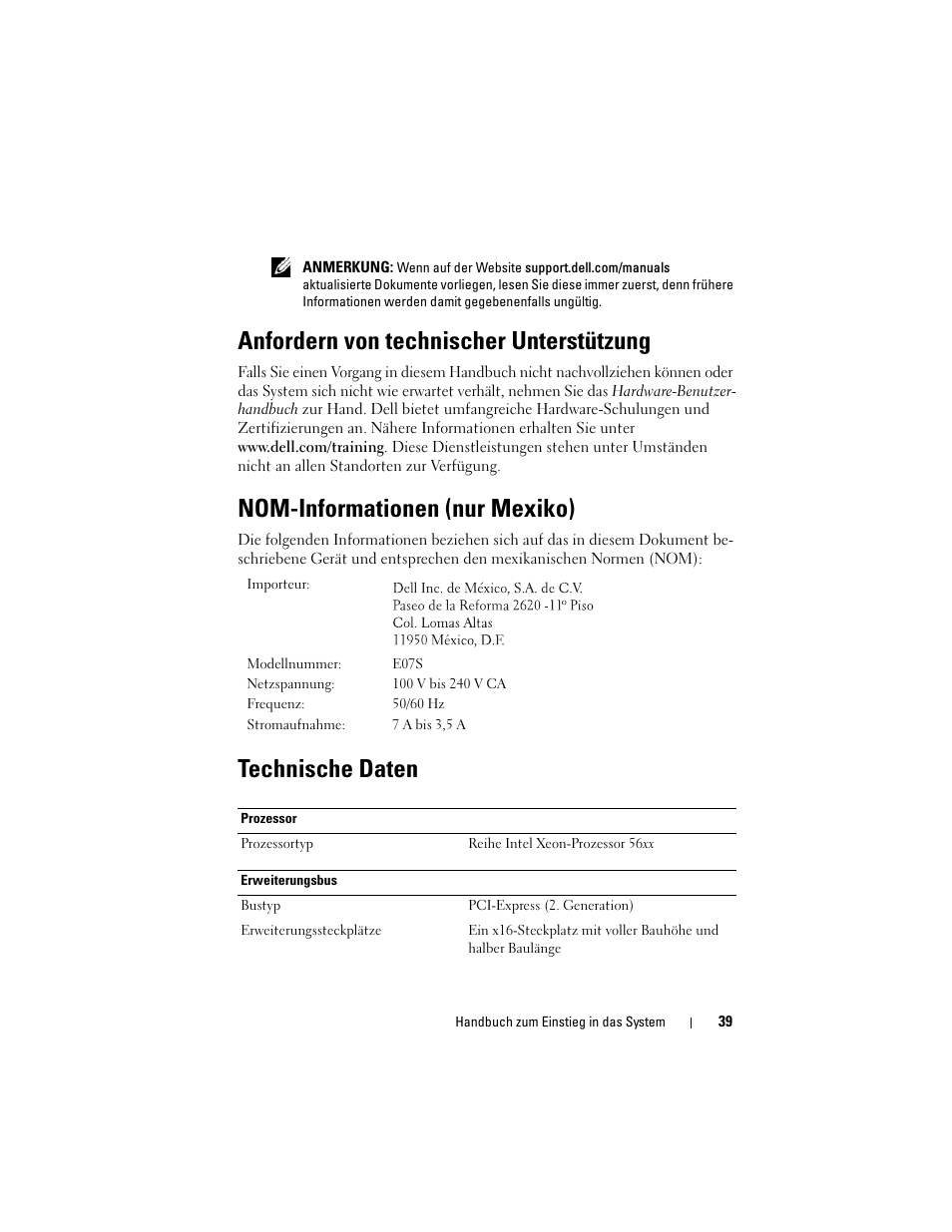 Anfordern von technischer unterstützung, Nom-informationen (nur mexiko), Technische daten | Dell DX6000G User Manual | Page 41 / 124