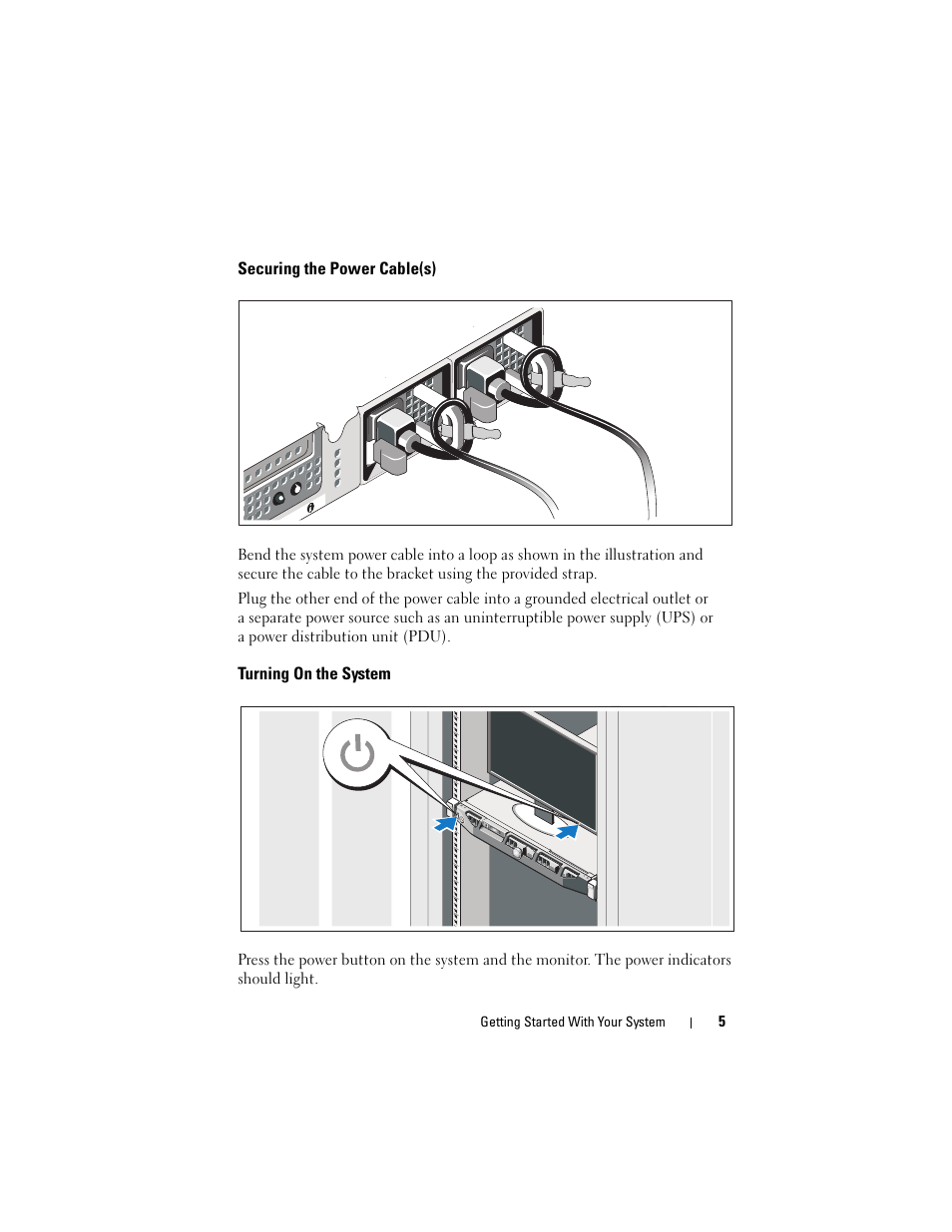 Securing the power cable(s), Turning on the system | Dell DX6000G User Manual | Page 7 / 124