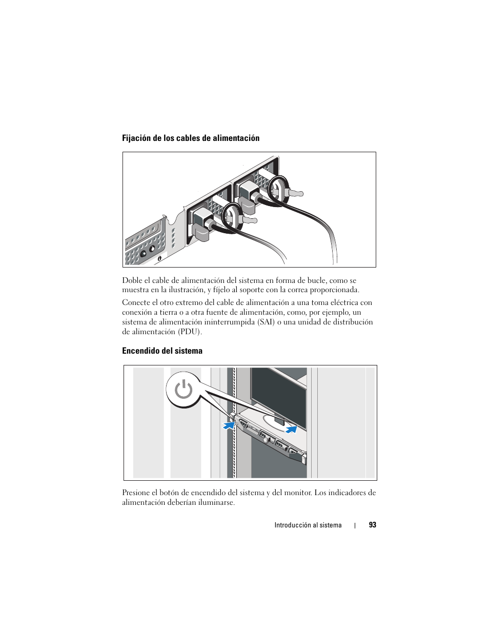 Fijación de los cables de alimentación, Encendido del sistema | Dell DX6000G User Manual | Page 95 / 124