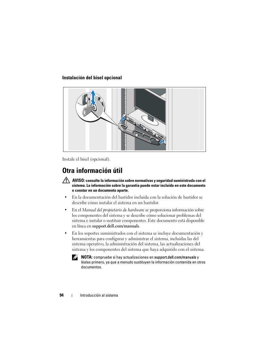 Instalación del bisel opcional, Otra información útil | Dell DX6000G User Manual | Page 96 / 124