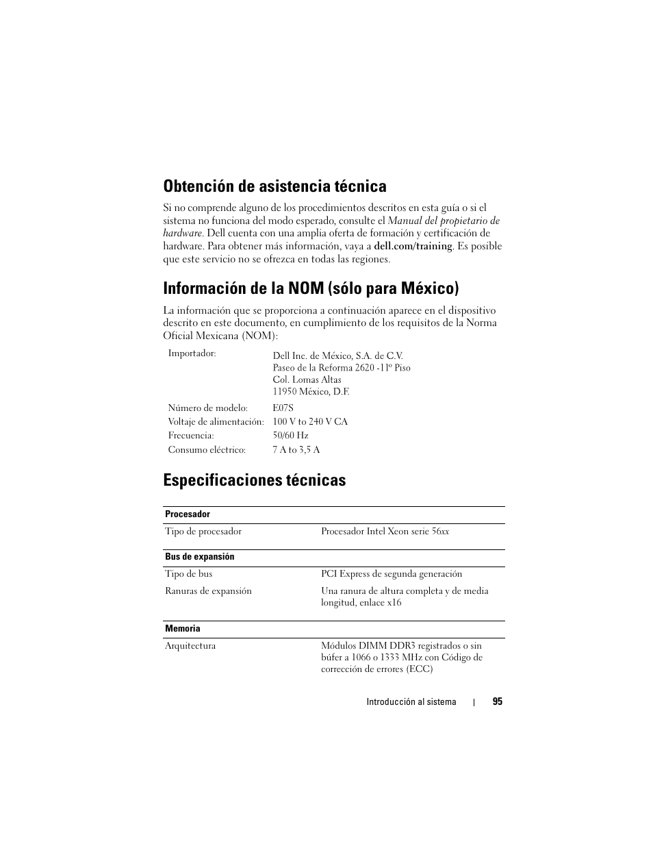 Obtención de asistencia técnica, Información de la nom (sólo para méxico), Especificaciones técnicas | Dell DX6000G User Manual | Page 97 / 124