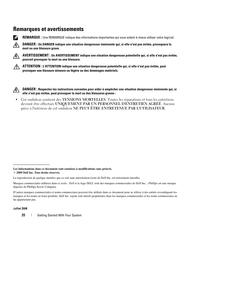 Remarques et avertissements | Dell UPS 1920R User Manual | Page 24 / 184