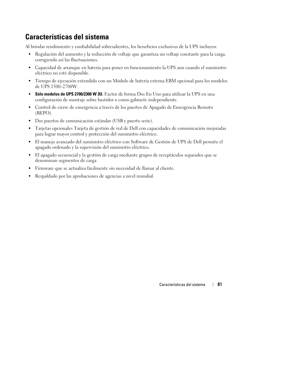 Características del sistema | Dell UPS 1920R User Manual | Page 85 / 184