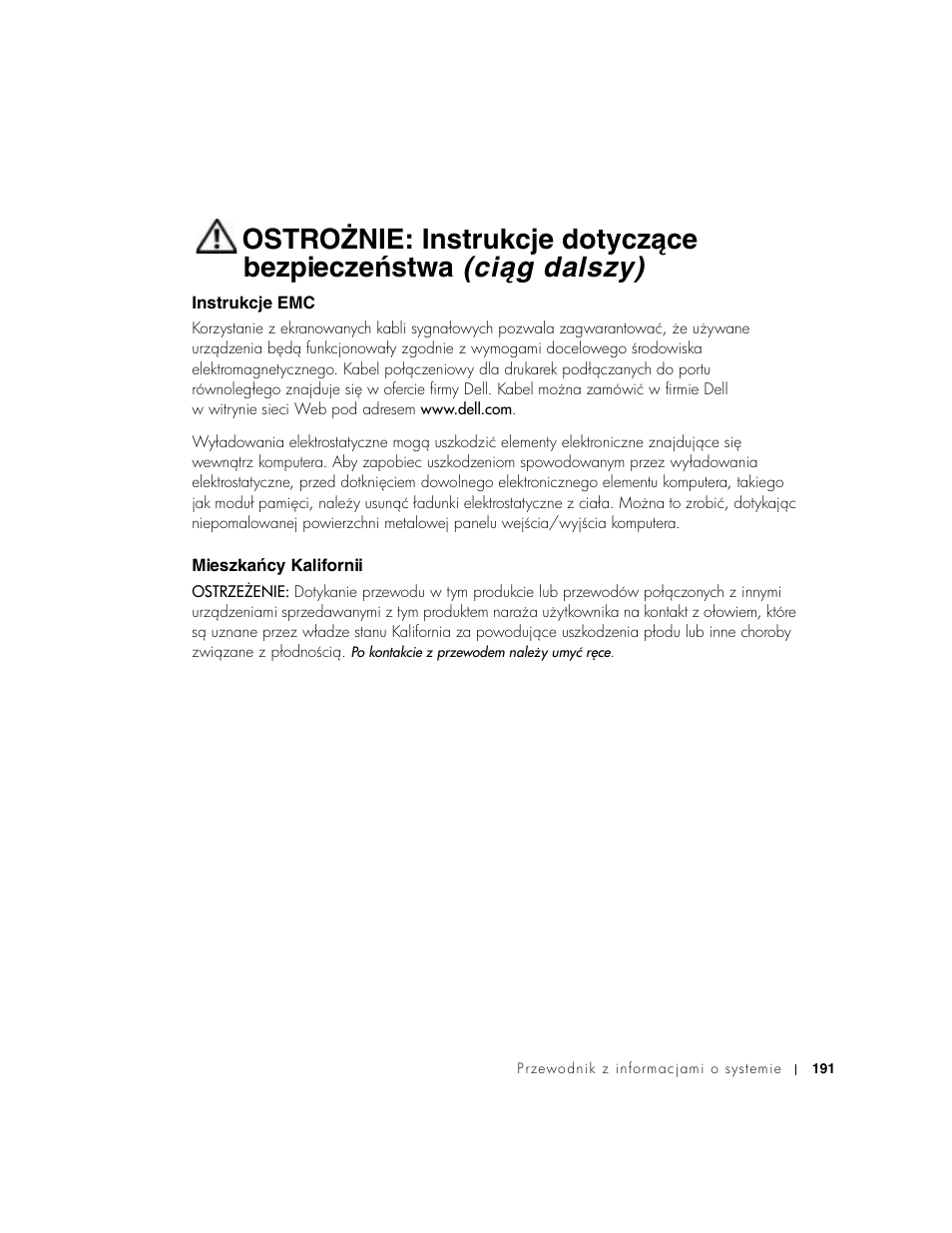 Instrukcje emc, Mieszkańcy kalifornii, Mieszkaŀcy kalifornii | Dell Latitude C640 User Manual | Page 193 / 342