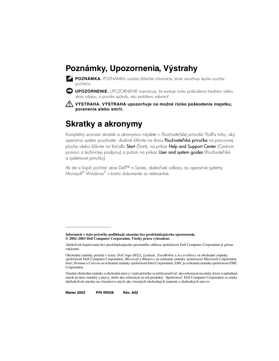 Poznámky, upozornenia, výstrahy, Skratky a akronymy | Dell Latitude C640 User Manual | Page 240 / 342
