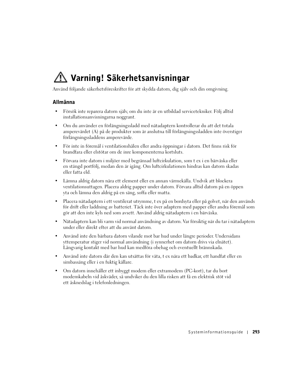 Varning! säkerhetsanvisningar, Allmänna | Dell Latitude C640 User Manual | Page 295 / 342