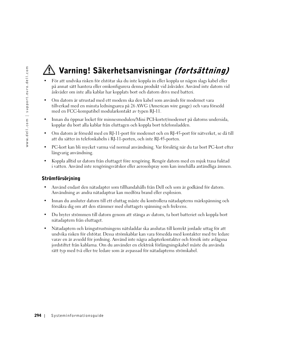 Strömförsörjning, Varning! säkerhetsanvisningar (fortsättning) | Dell Latitude C640 User Manual | Page 296 / 342