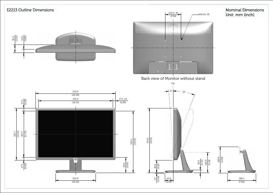 Sheet 1, New_view_1, Right_2 | Top_3, New_view_8, New_view_9, Nominal dimensions unit: mm (inch), E2213 outline dimensions, Back view of monitor without stand | Dell E1913 Monitor User Manual | Page 3 / 3