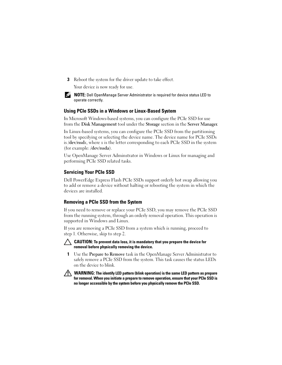 Using pcie ssds in a windows or linux-based system, Servicing your pcie ssd, Removing a pcie ssd from the system | Dell PowerEdge Express Flash PCIe SSD User Manual | Page 2 / 38