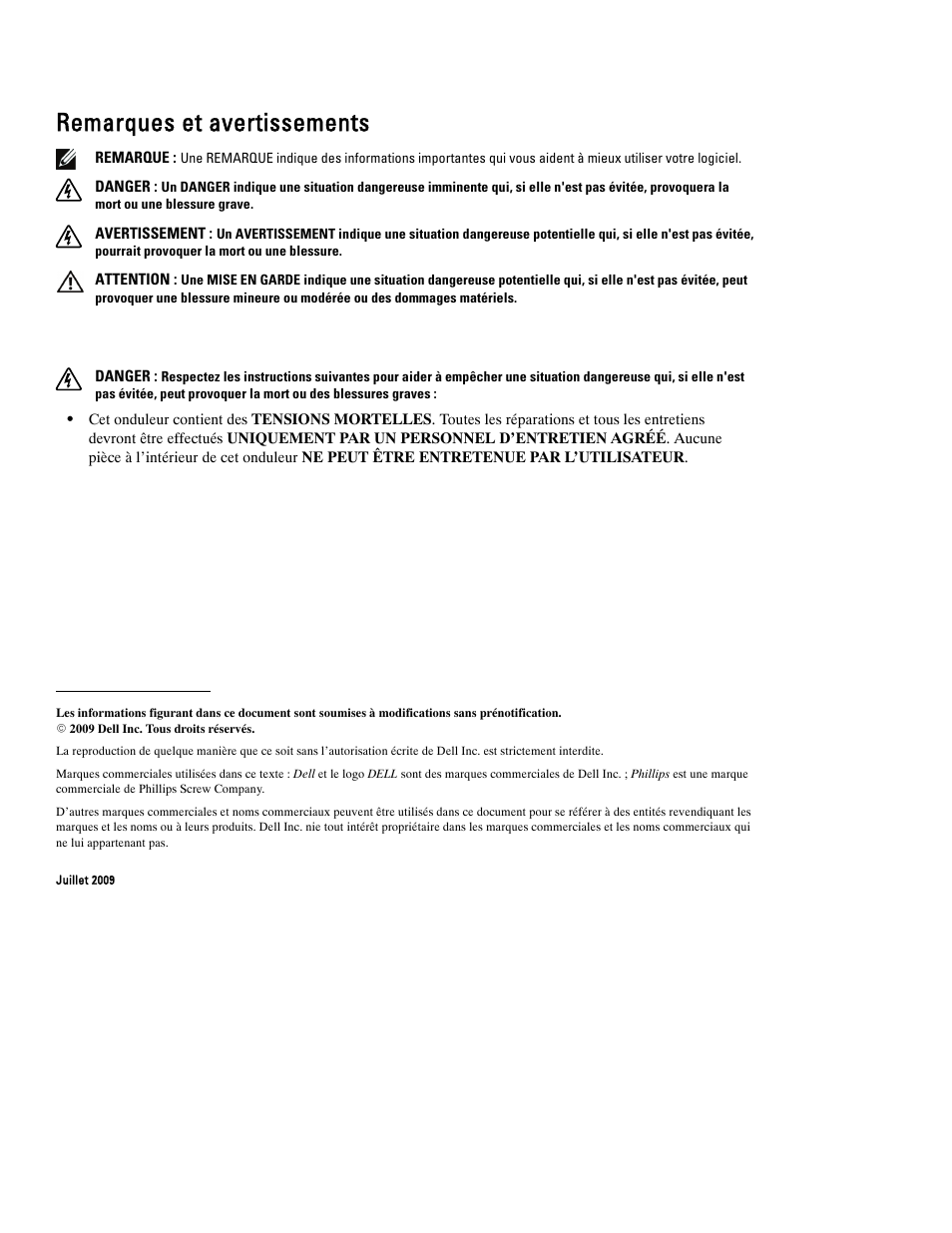 Remarques et avertissements | Dell UPS 2700R User Manual | Page 16 / 112