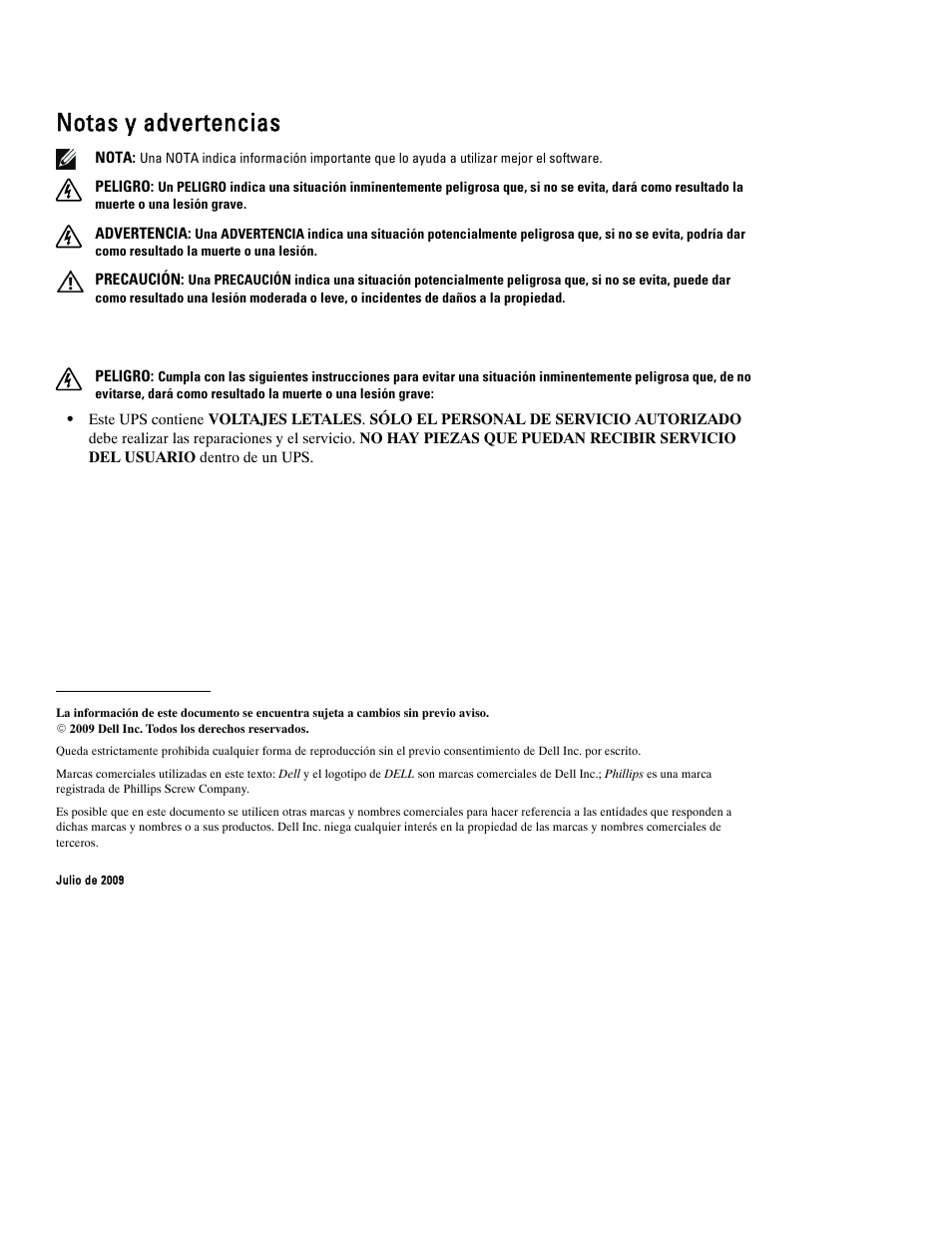 Notas y advertencias | Dell UPS 2700R User Manual | Page 52 / 112