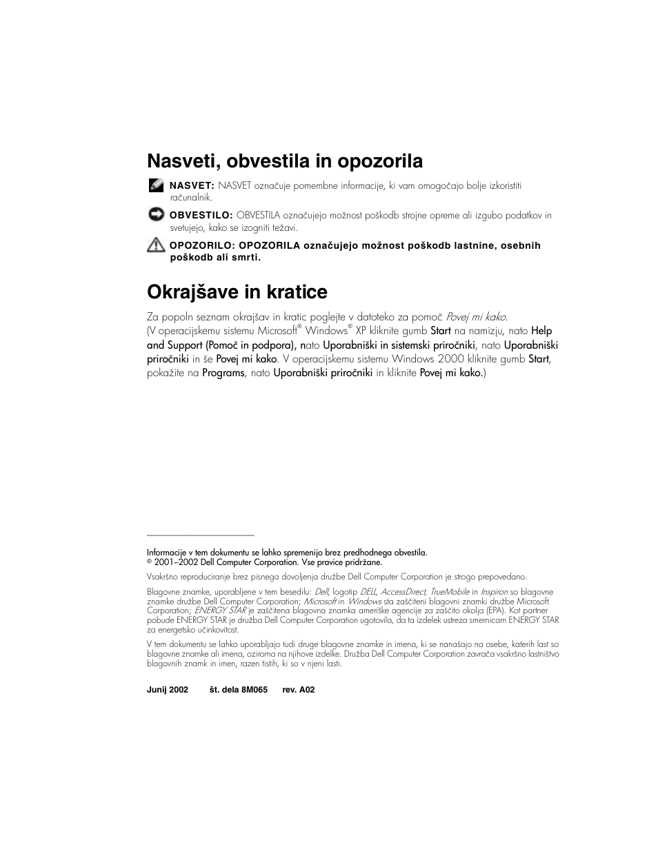 Nasveti, obvestila in opozorila, Okrajšave in kratice | Dell Inspiron 2650 User Manual | Page 102 / 168