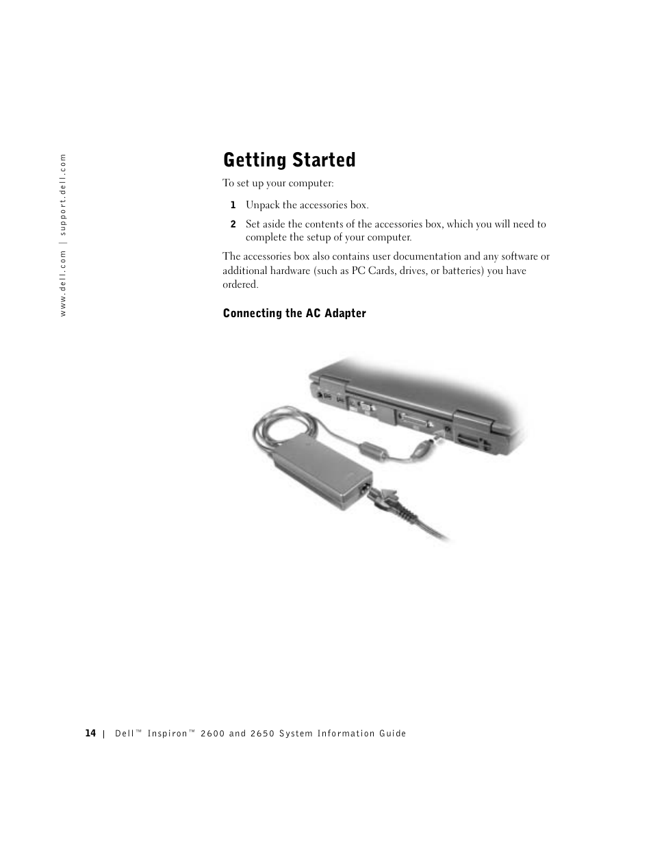Getting started, Connecting the ac adapter | Dell Inspiron 2650 User Manual | Page 16 / 168
