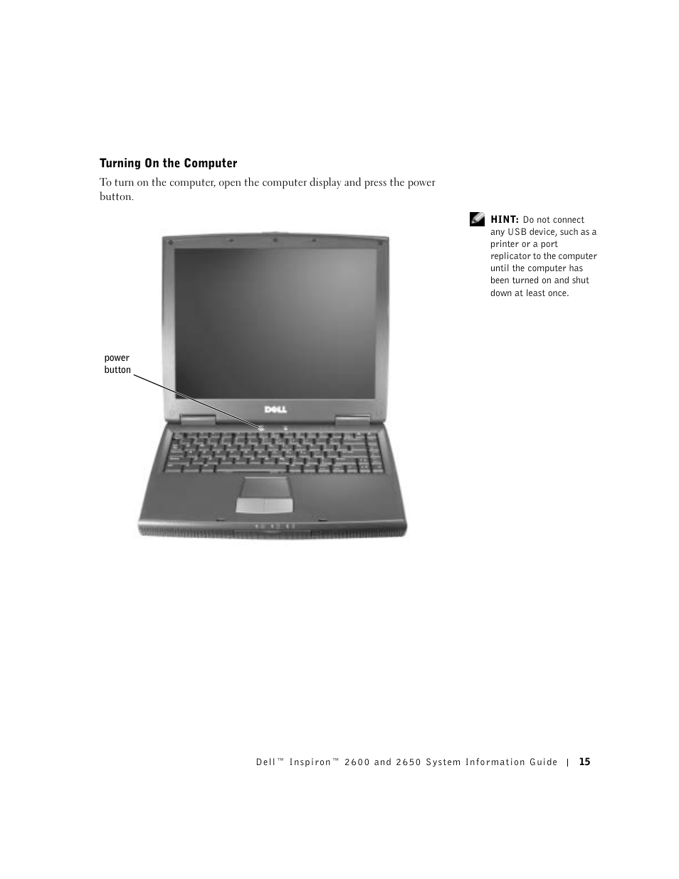 Turning on the computer | Dell Inspiron 2650 User Manual | Page 17 / 168