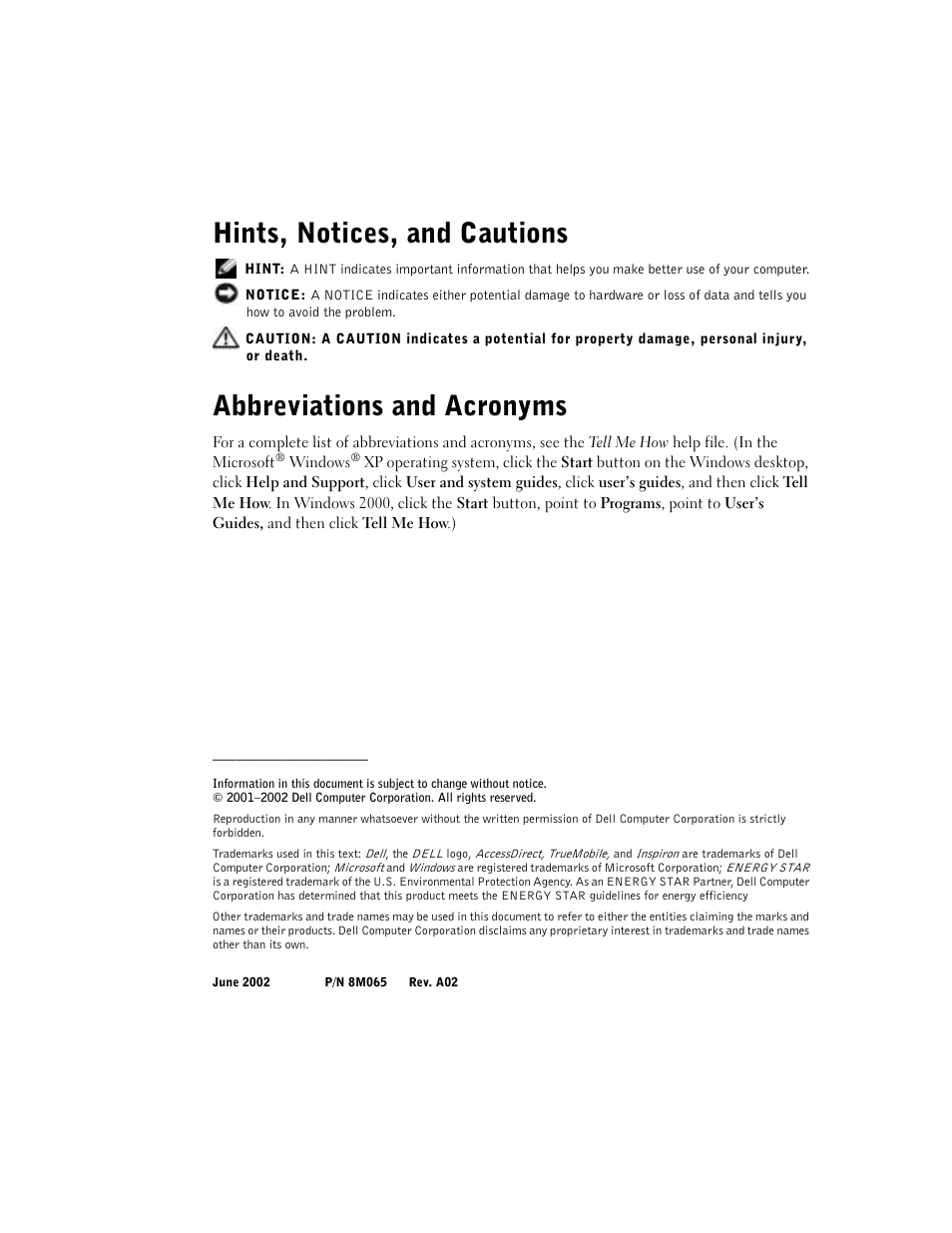 Hints, notices, and cautions, Abbreviations and acronyms | Dell Inspiron 2650 User Manual | Page 4 / 168