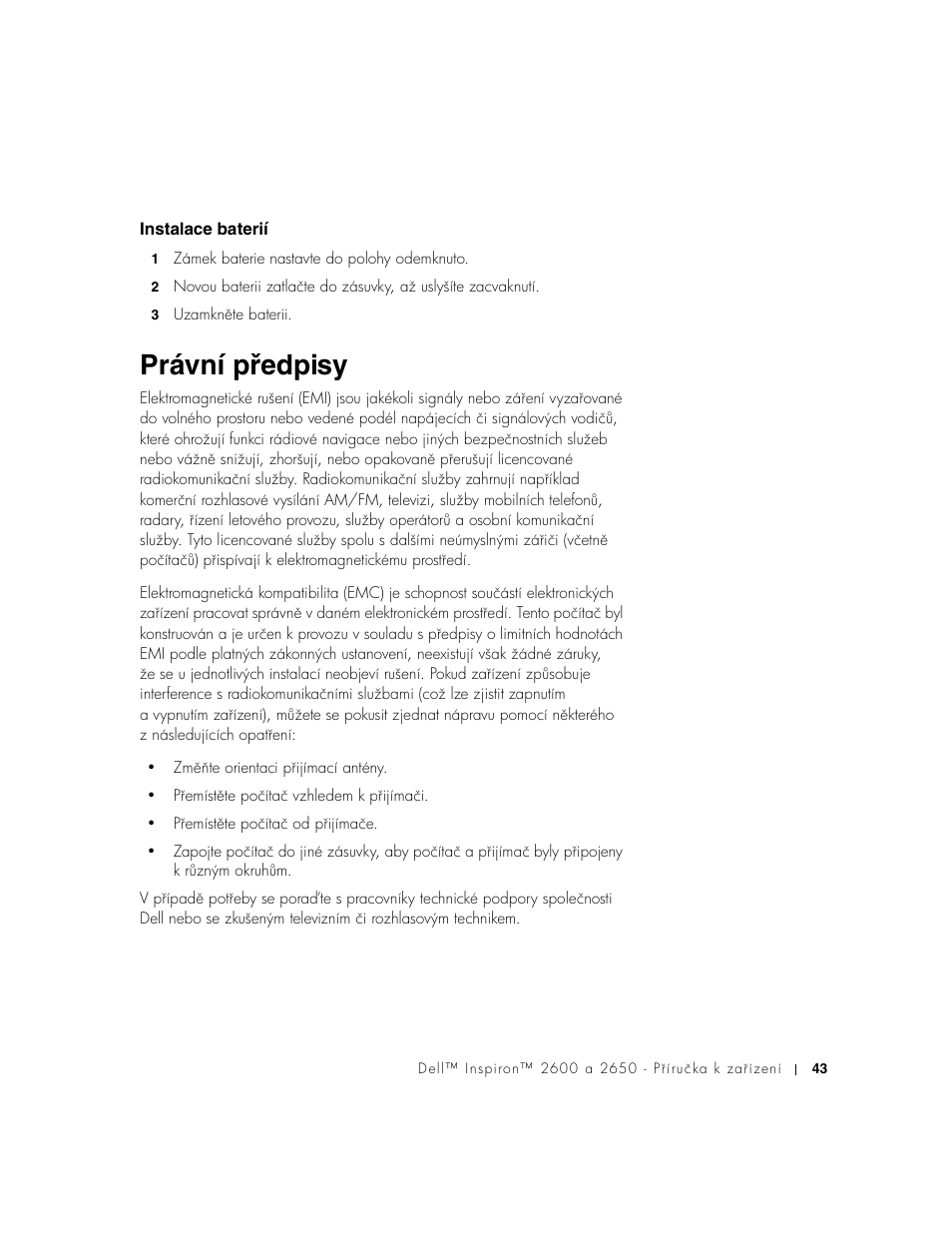 Instalace baterií, Právní předpisy | Dell Inspiron 2650 User Manual | Page 45 / 168