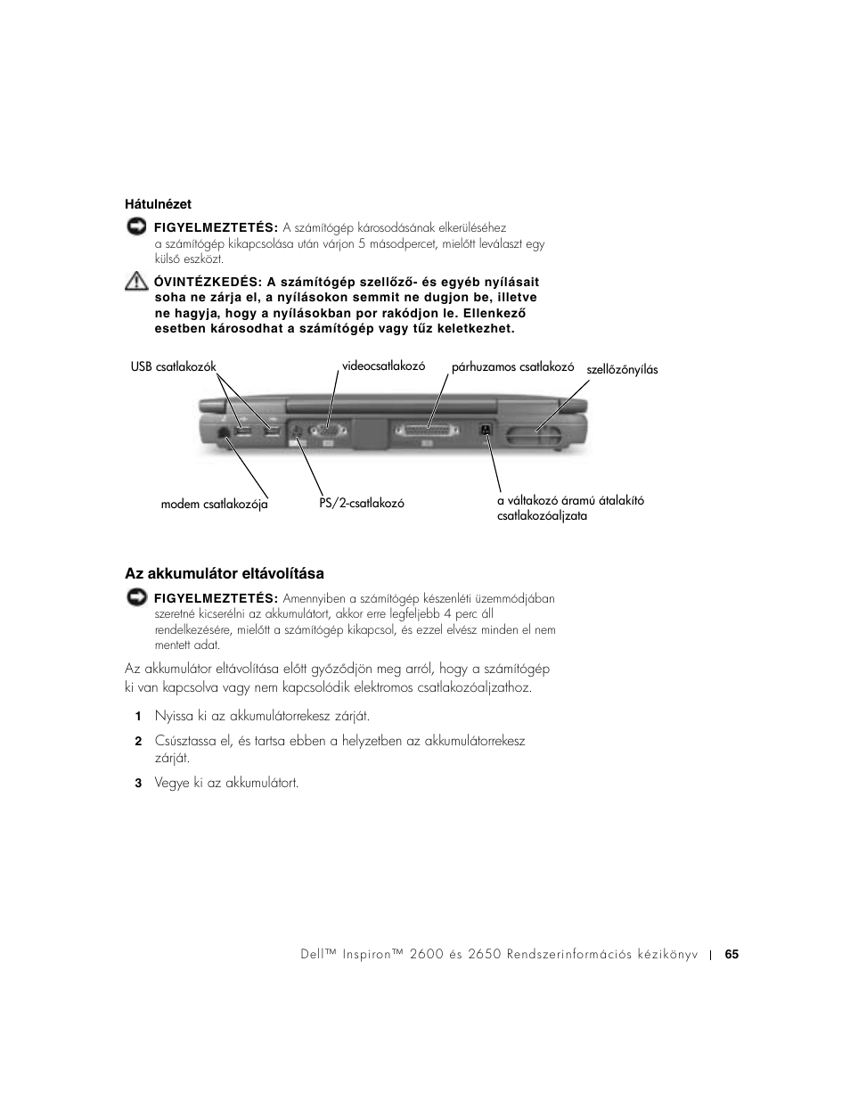 Az akkumulátor eltávolítása | Dell Inspiron 2650 User Manual | Page 67 / 168
