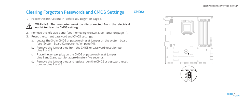 Clearing forgotten passwords and cmos settings | Dell Alienware Aurora-R2 User Manual | Page 114 / 117