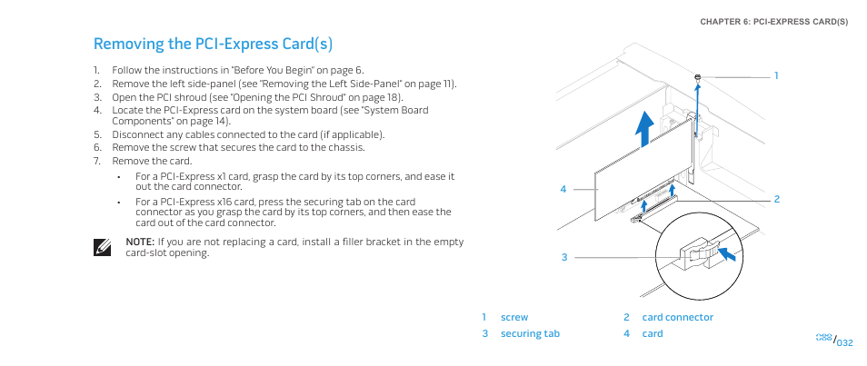 Removing the pci-express card(s) | Dell Alienware Aurora-R2 User Manual | Page 32 / 117