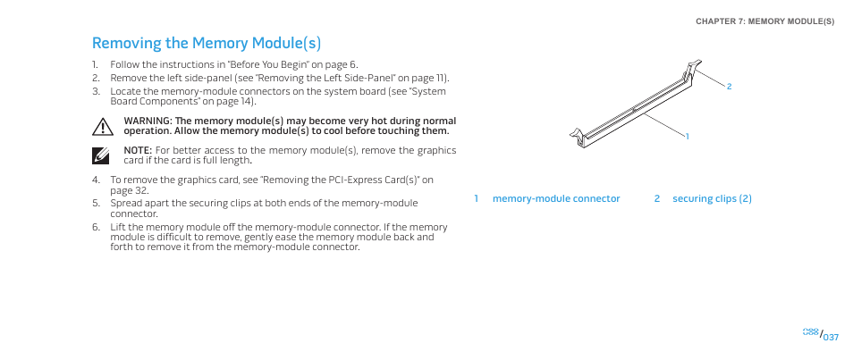 Removing the memory module(s) | Dell Alienware Aurora-R2 User Manual | Page 37 / 117