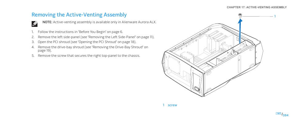 Removing the active-venting assembly | Dell Alienware Aurora-R2 User Manual | Page 84 / 117