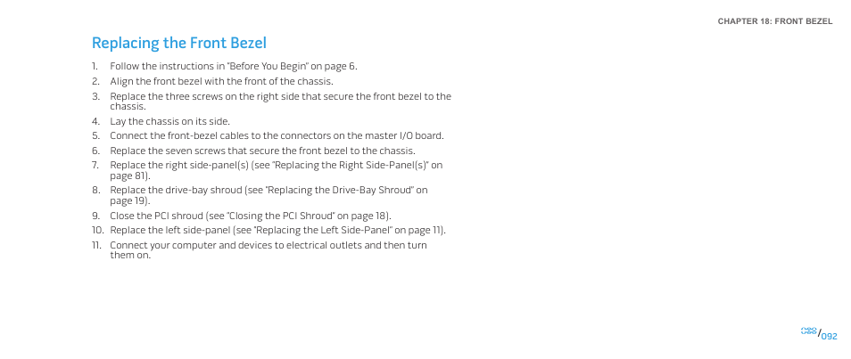 Replacing the front bezel | Dell Alienware Aurora-R2 User Manual | Page 92 / 117