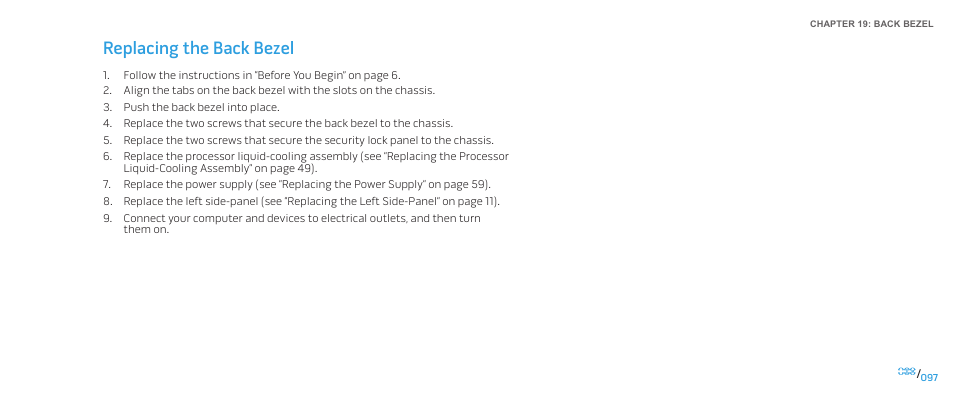 Replacing the back bezel | Dell Alienware Aurora-R2 User Manual | Page 97 / 117
