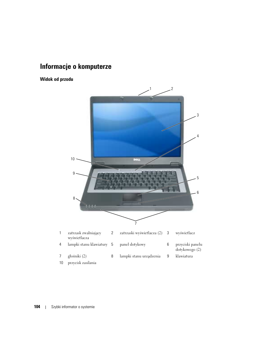 Informacje o komputerze, Widok od przodu | Dell Latitude 120L User Manual | Page 104 / 190