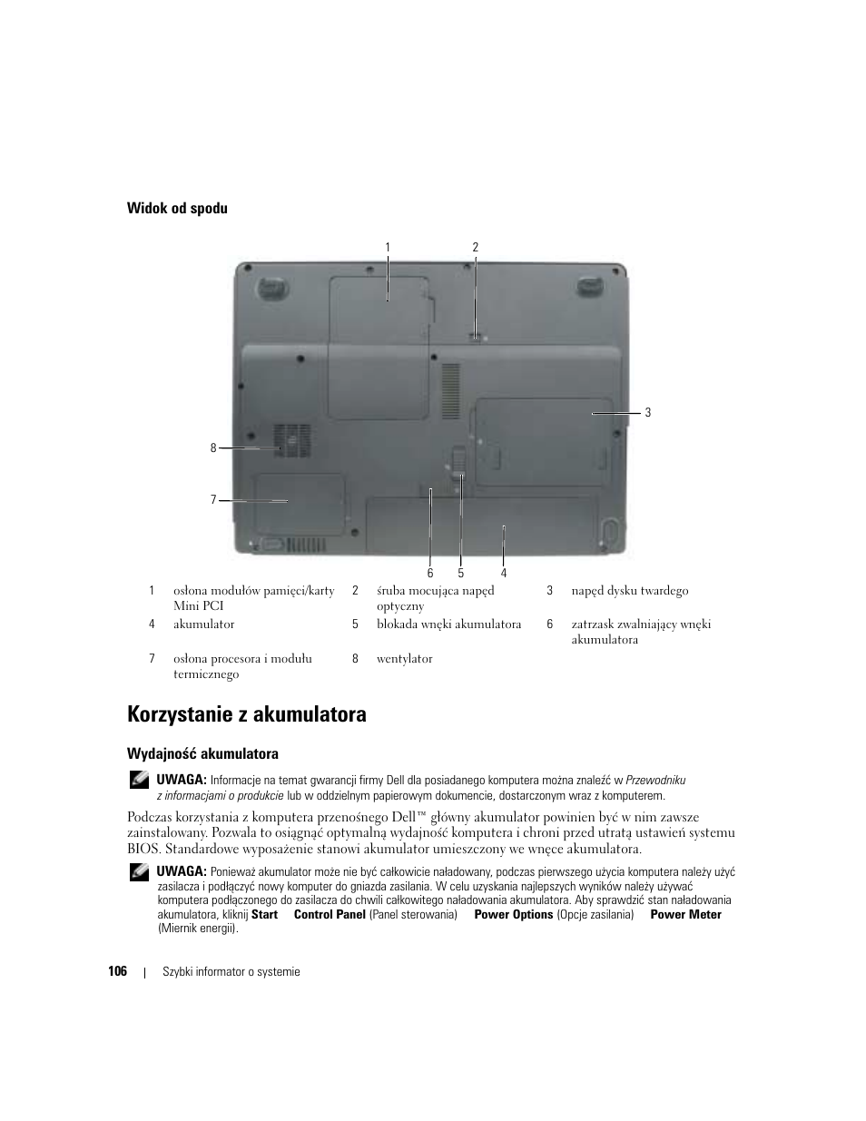 Widok od spodu, Korzystanie z akumulatora, Wydajność akumulatora | Dell Latitude 120L User Manual | Page 106 / 190