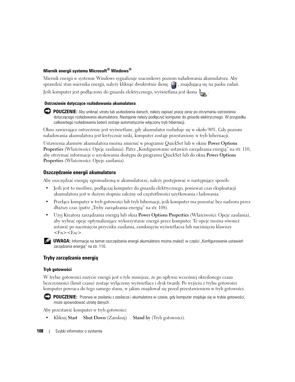 Oszczędzanie energii akumulatora, Tryby zarządzania energią | Dell Latitude 120L User Manual | Page 108 / 190