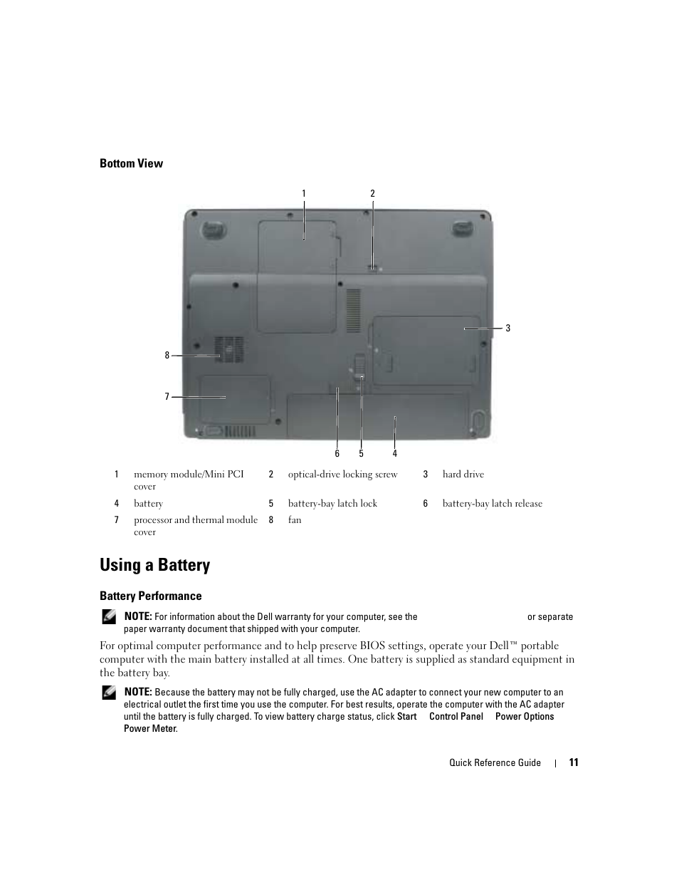 Bottom view, Using a battery, Battery performance | Dell Latitude 120L User Manual | Page 11 / 190