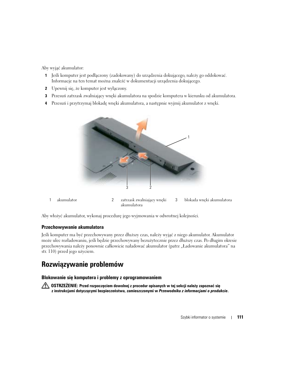 Przechowywanie akumulatora, Rozwiązywanie problemów | Dell Latitude 120L User Manual | Page 111 / 190