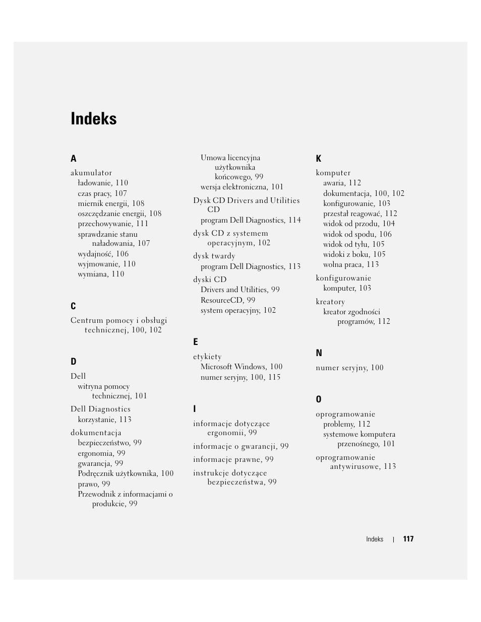 Indeks | Dell Latitude 120L User Manual | Page 117 / 190