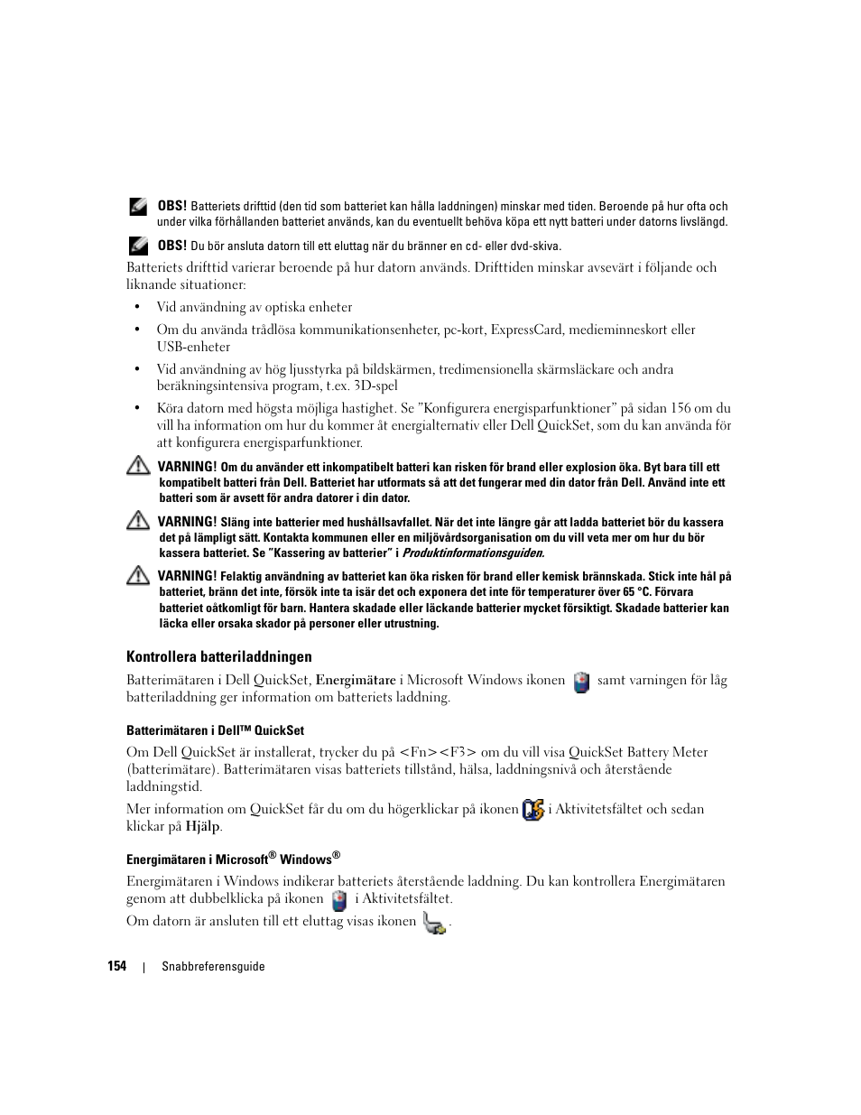 Kontrollera batteriladdningen | Dell Latitude 120L User Manual | Page 154 / 190