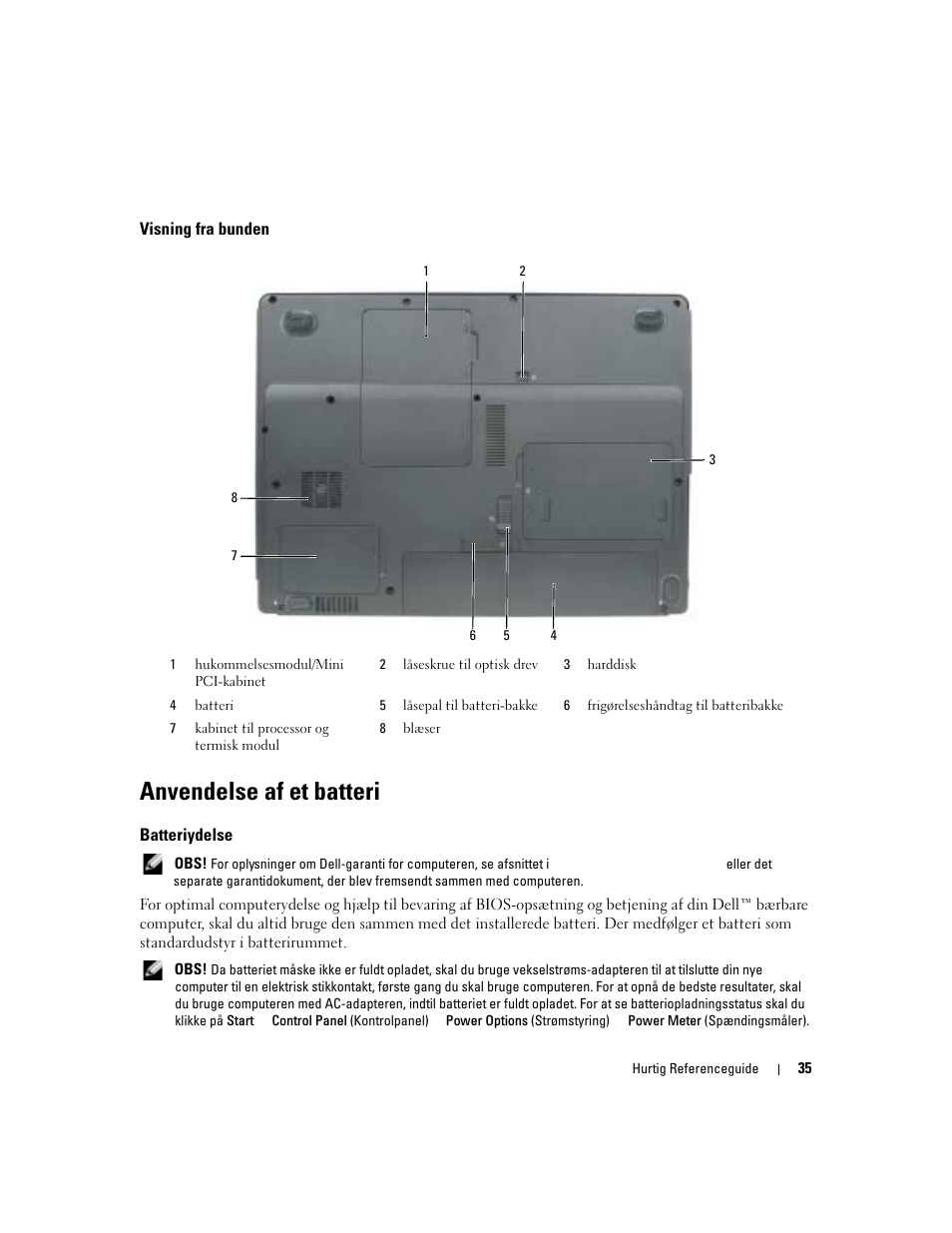 Visning fra bunden, Anvendelse af et batteri, Batteriydelse | Dell Latitude 120L User Manual | Page 35 / 190