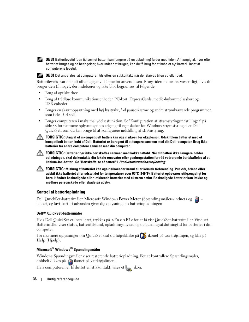 Kontrol af batteriopladning | Dell Latitude 120L User Manual | Page 36 / 190