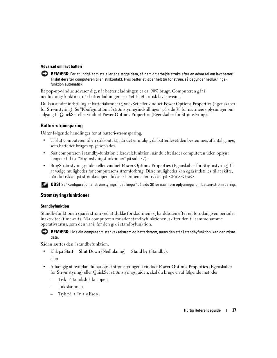 Batteri-strømsparing, Strømstyringsfunktioner | Dell Latitude 120L User Manual | Page 37 / 190