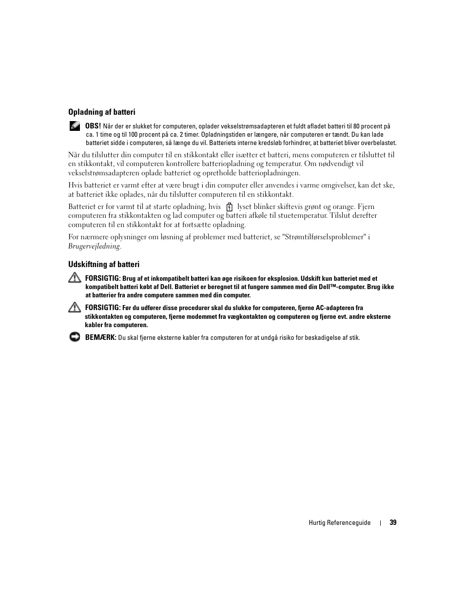 Opladning af batteri, Udskiftning af batteri | Dell Latitude 120L User Manual | Page 39 / 190