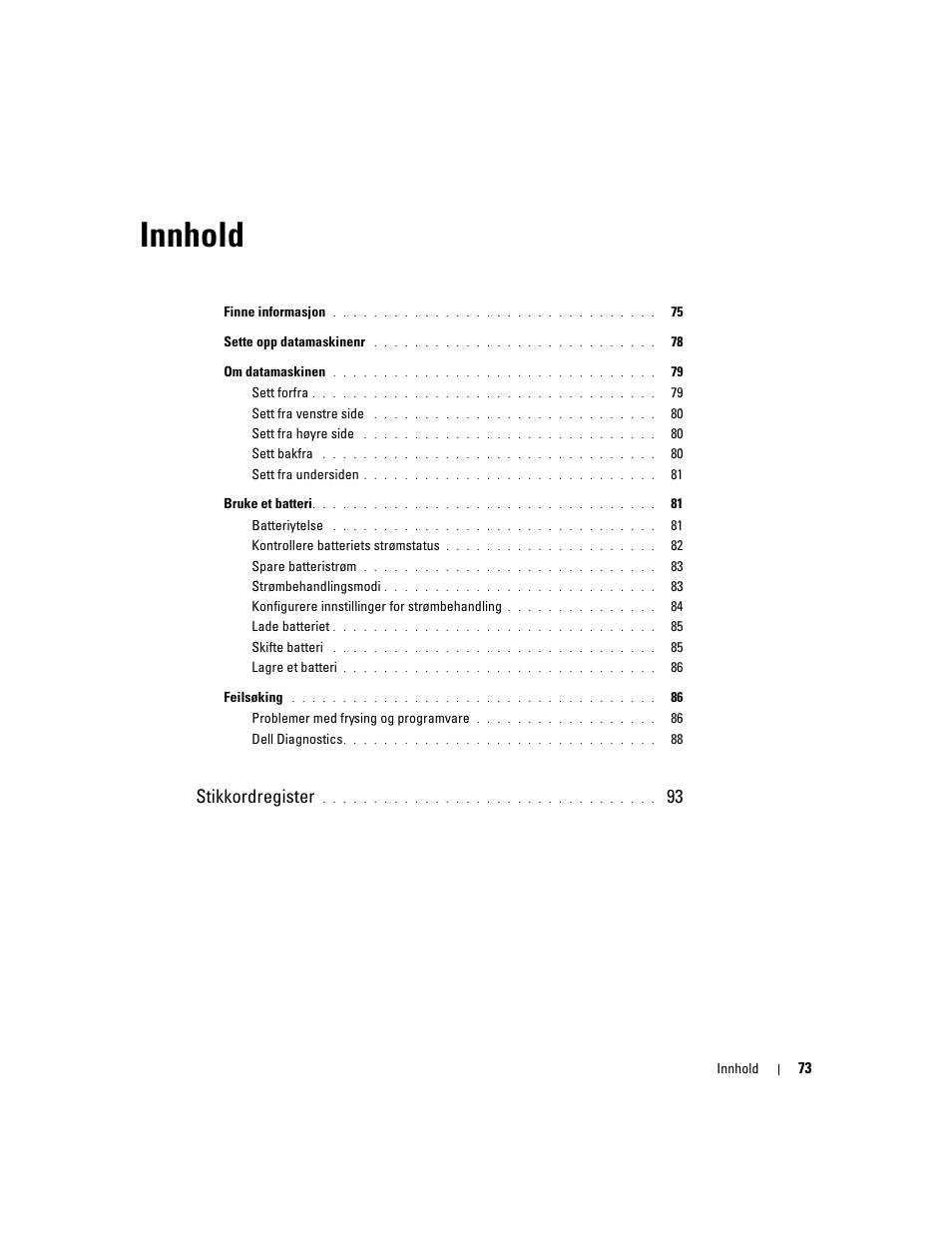 Innhold, Stikkordregister | Dell Latitude 120L User Manual | Page 73 / 190