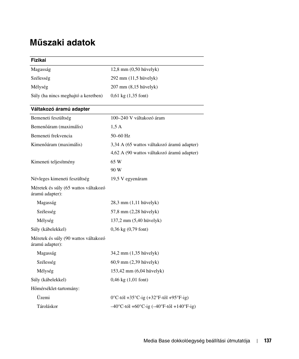 Műszaki adatok, Ű szaki adatok, Mű szaki adatok | Dell Latitude D420 User Manual | Page 139 / 250