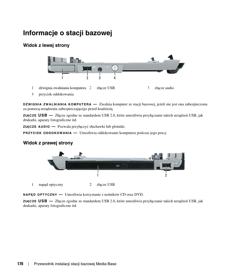 Informacje o stacji bazowej, Widok z lewej strony, Widok z prawej strony | Dell Latitude D420 User Manual | Page 172 / 250