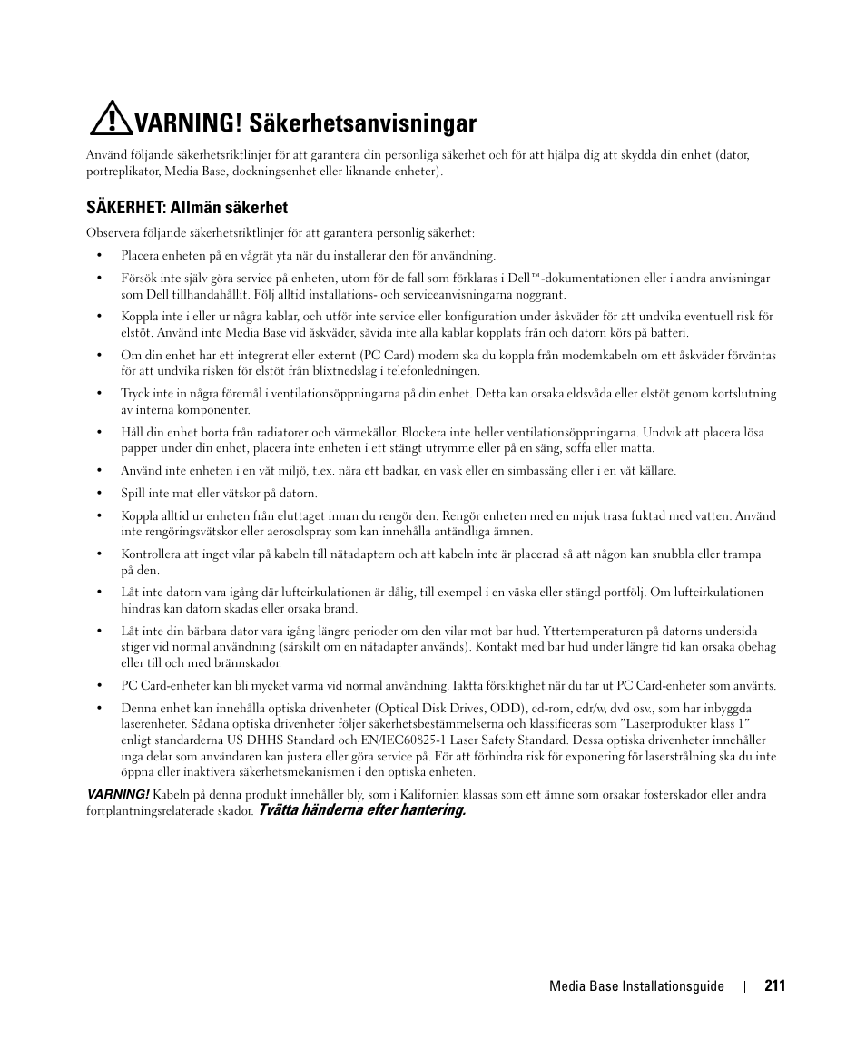 Varning! säkerhetsanvisningar, Säkerhet: allmän säkerhet | Dell Latitude D420 User Manual | Page 213 / 250