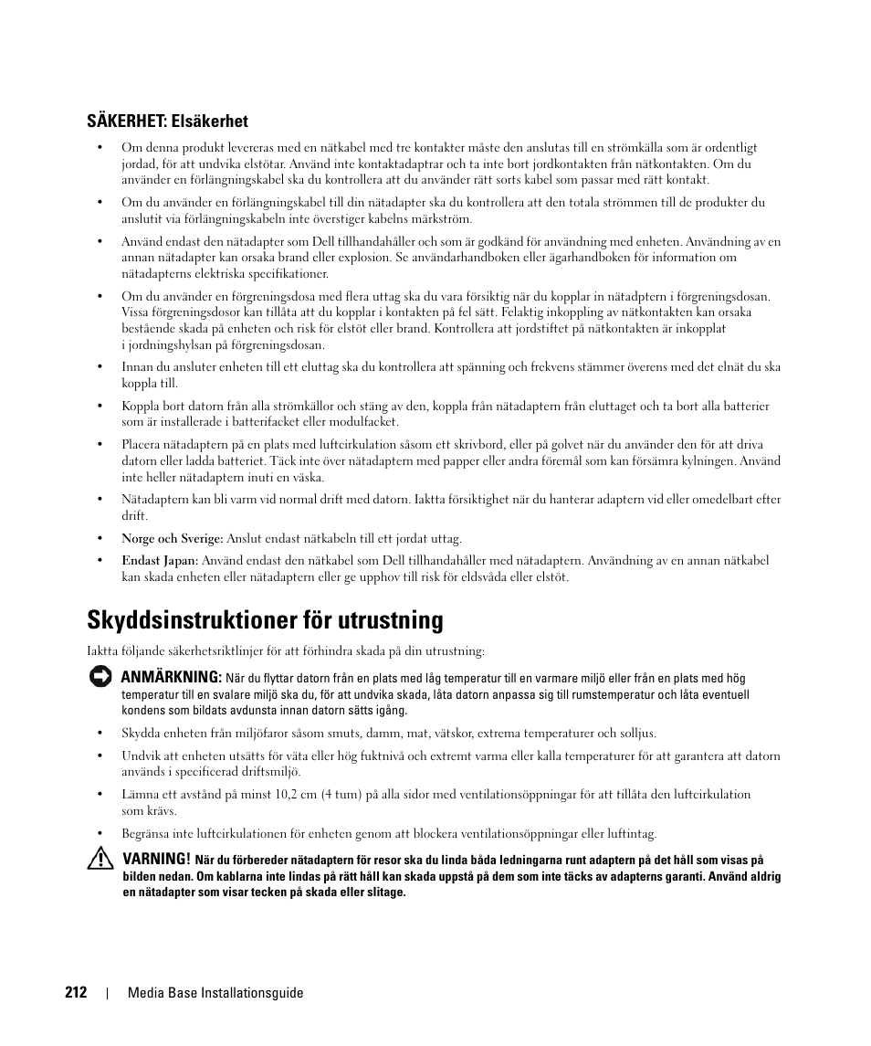 Säkerhet: elsäkerhet, Skyddsinstruktioner för utrustning | Dell Latitude D420 User Manual | Page 214 / 250