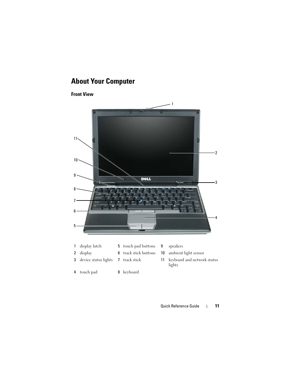 About your computer, Front view | Dell Latitude D430 User Manual | Page 11 / 244