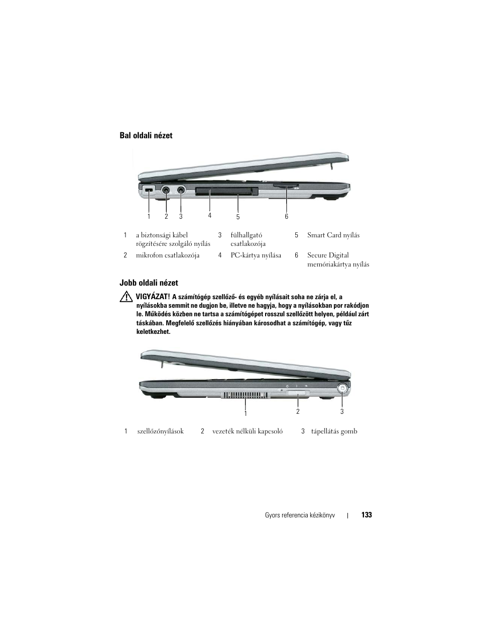 Bal oldali nézet, Jobb oldali nézet | Dell Latitude D430 User Manual | Page 133 / 244