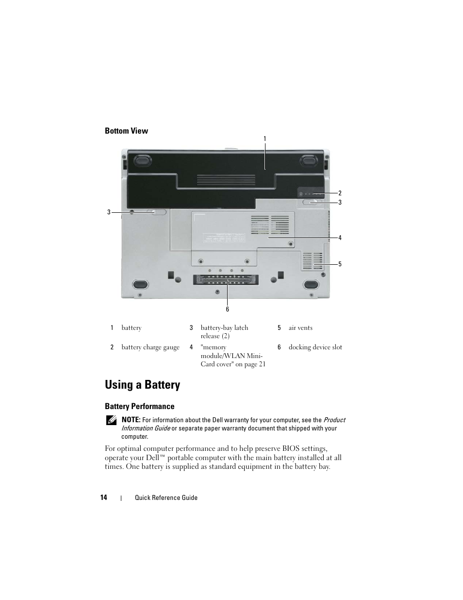 Bottom view, Using a battery, Battery performance | Checking the battery charge, Check the battery charge | Dell Latitude D430 User Manual | Page 14 / 244