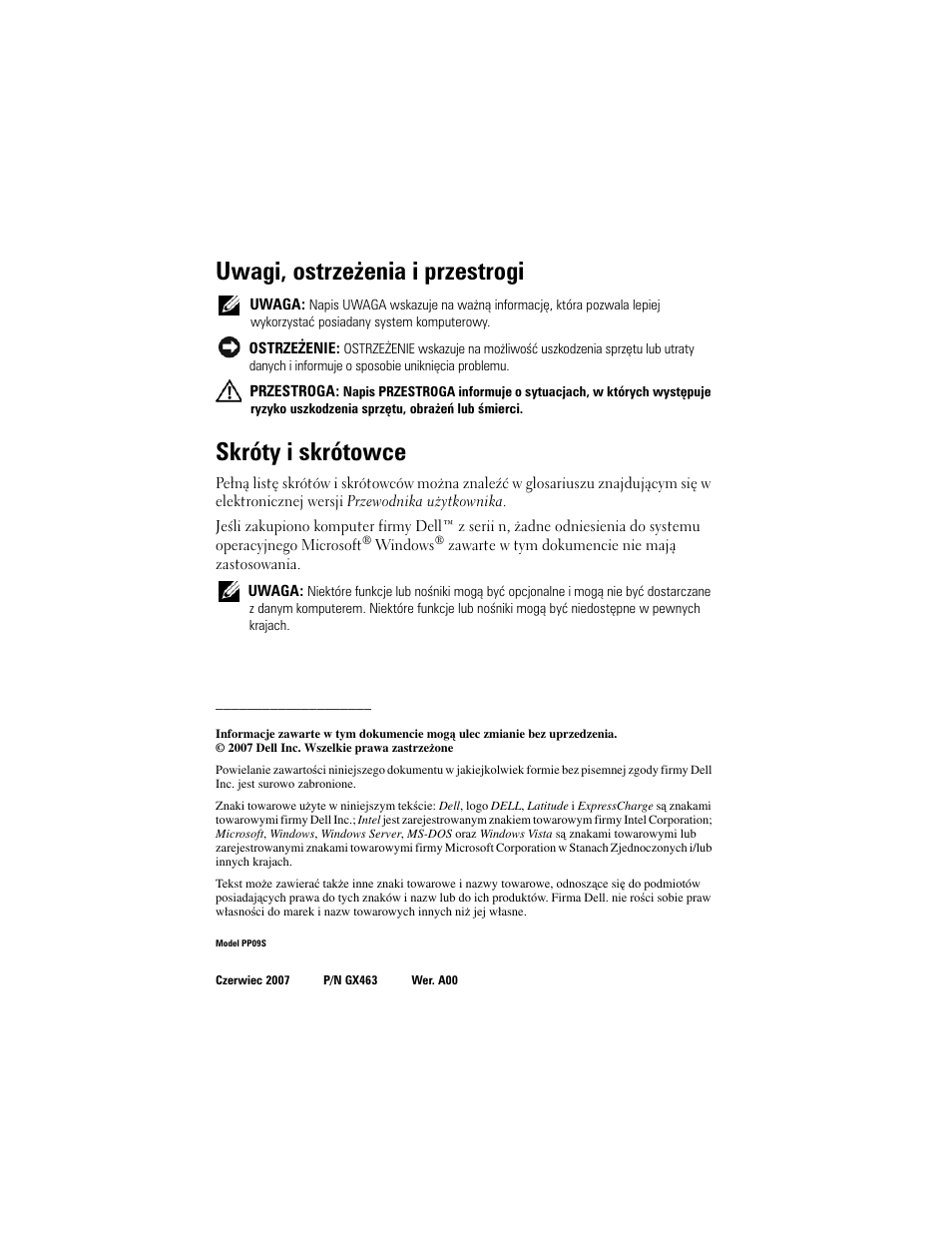 Uwagi, ostrzeżenia i przestrogi, Skróty i skrótowce | Dell Latitude D430 User Manual | Page 154 / 244
