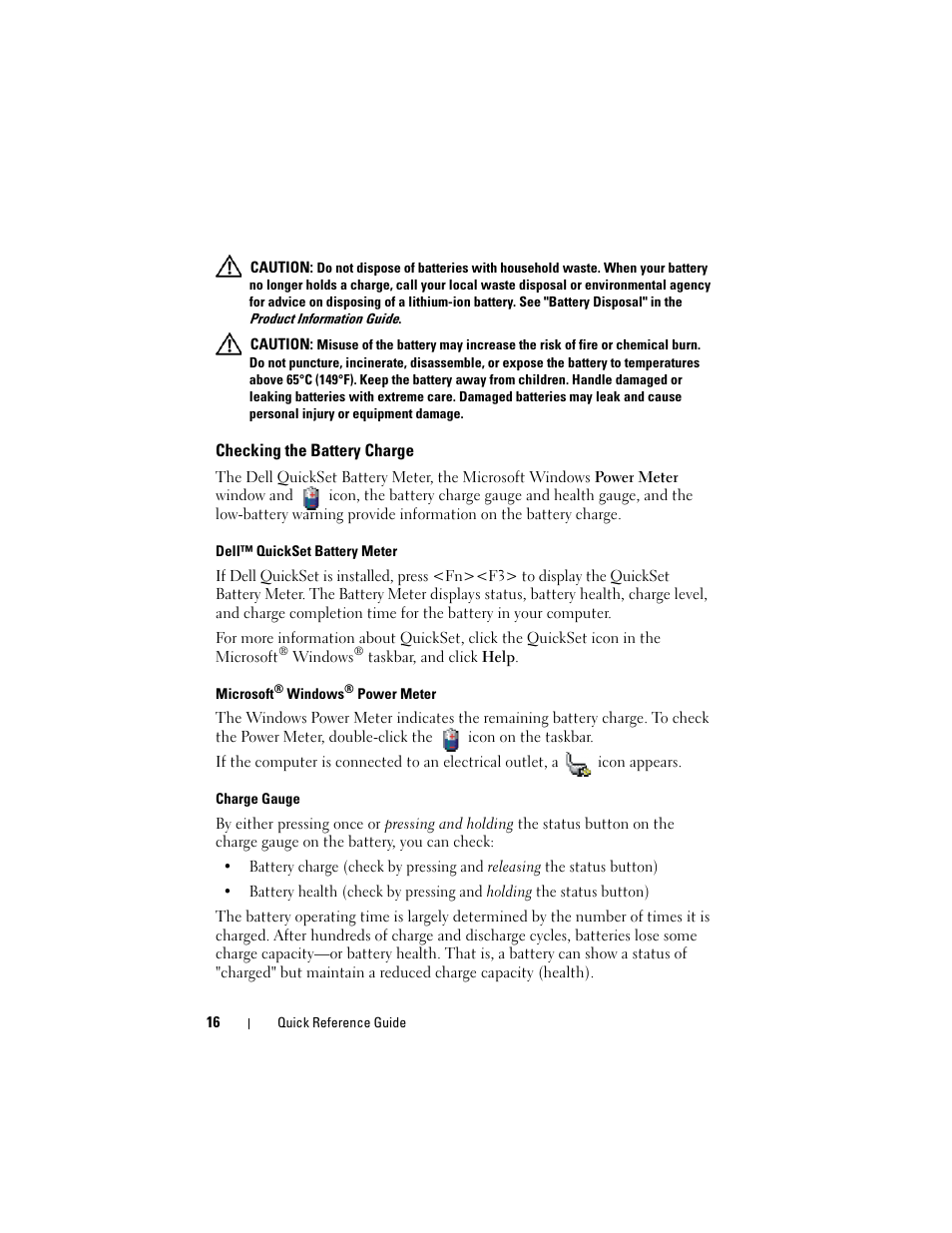 Checking the battery charge, Configuring power management settings | Dell Latitude D430 User Manual | Page 16 / 244