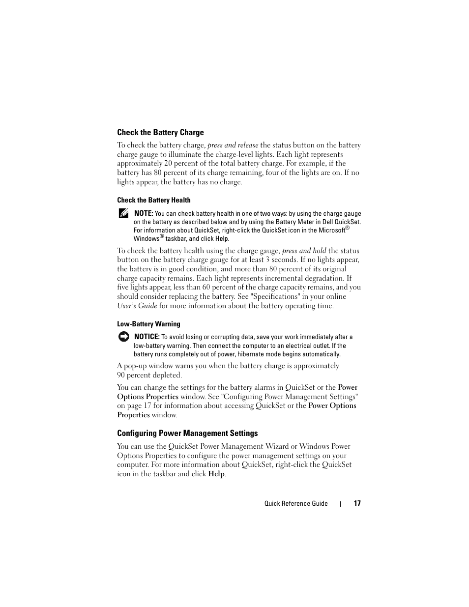 Check the battery charge, Configuring power management settings, Charging the battery | Replacing the battery | Dell Latitude D430 User Manual | Page 17 / 244