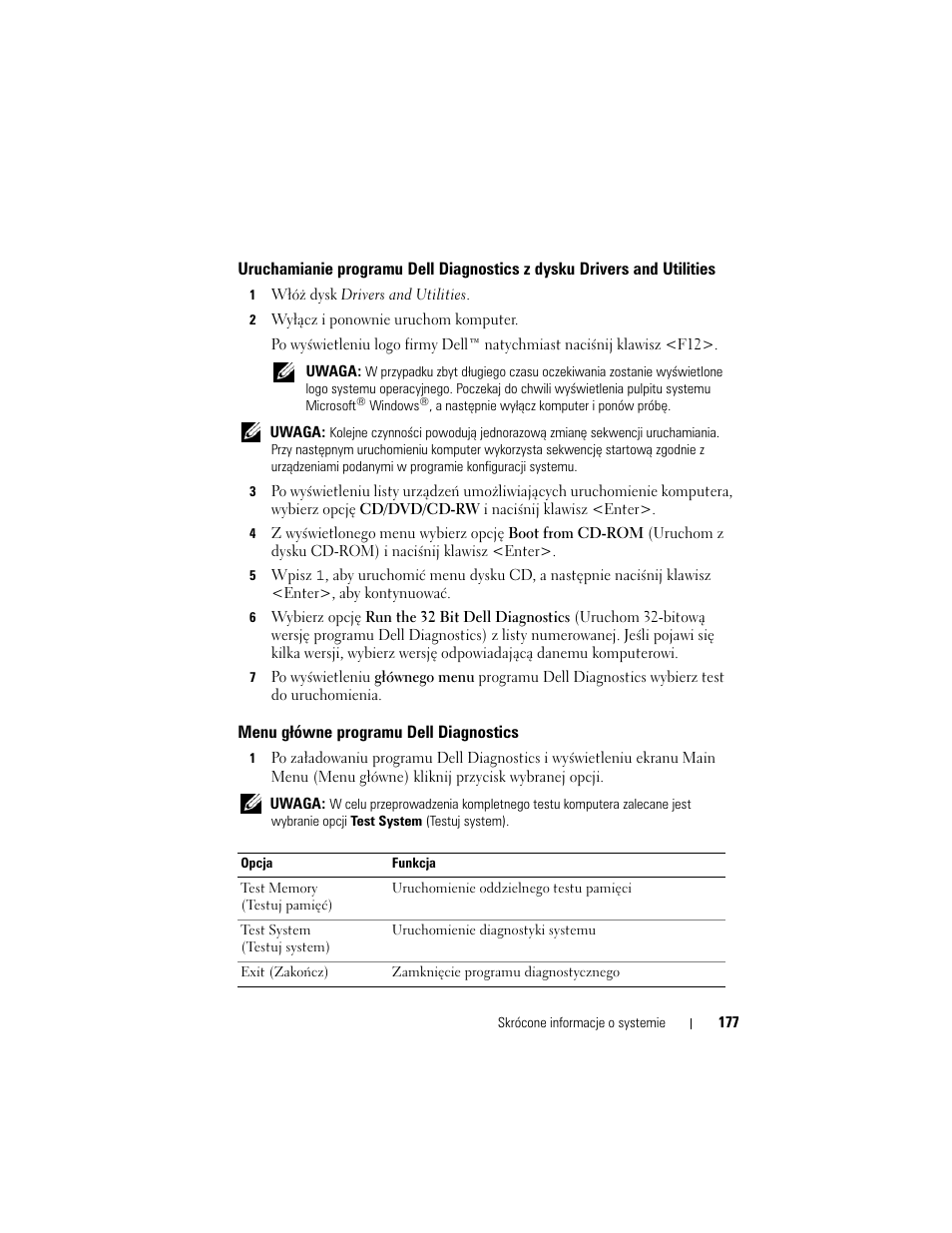 Menu główne programu dell diagnostics | Dell Latitude D430 User Manual | Page 177 / 244